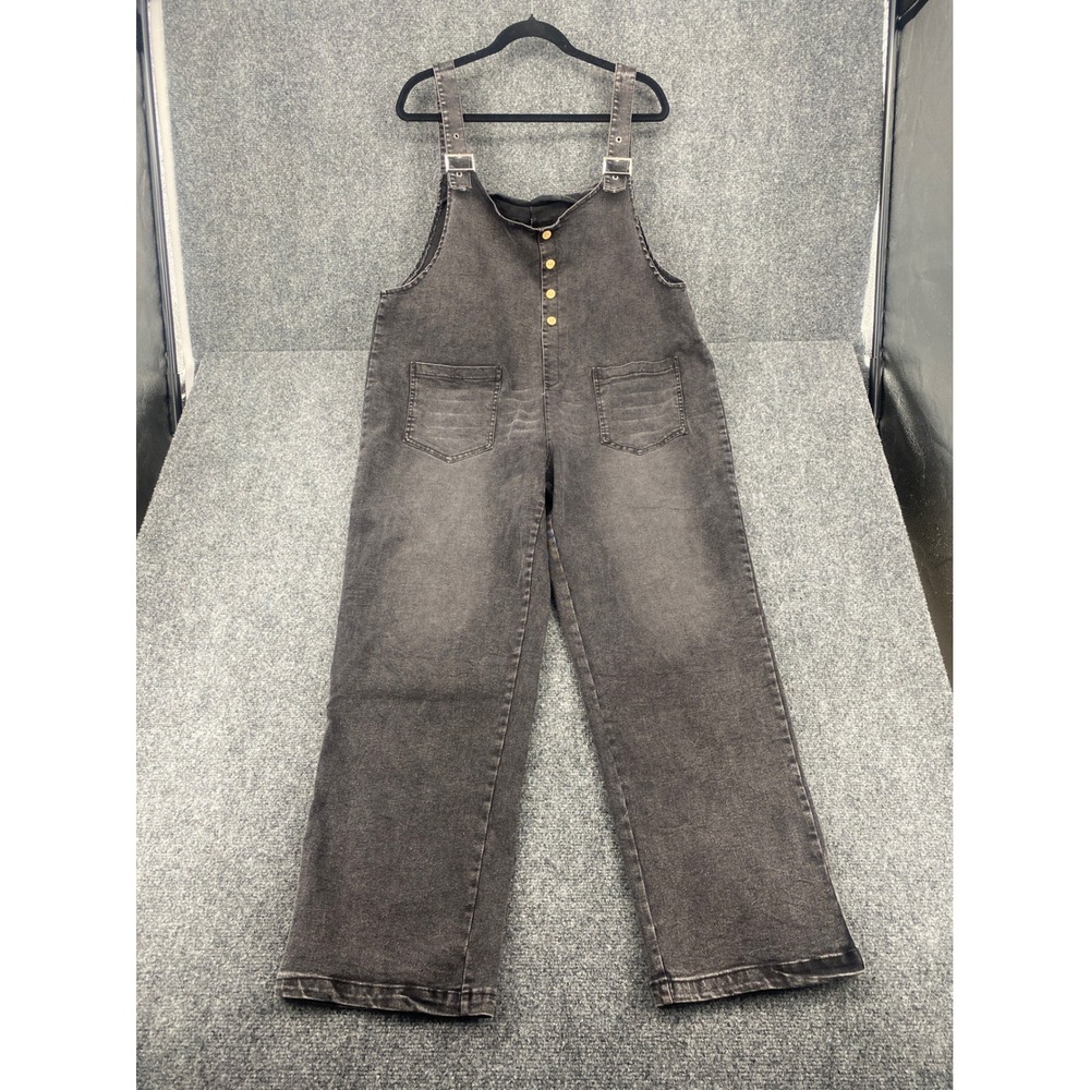 Denim Overalls Wide Leg Bib Jumpsuit Womens XL Washed Black Gray w/ Straps